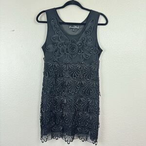 Pretty Angel Floral Lace Mesh Silk Blend Beaded Bodycon Mini Dress Black Small